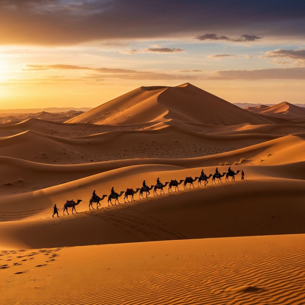 Moroccan Sahara Desert at sunset with camel caravan